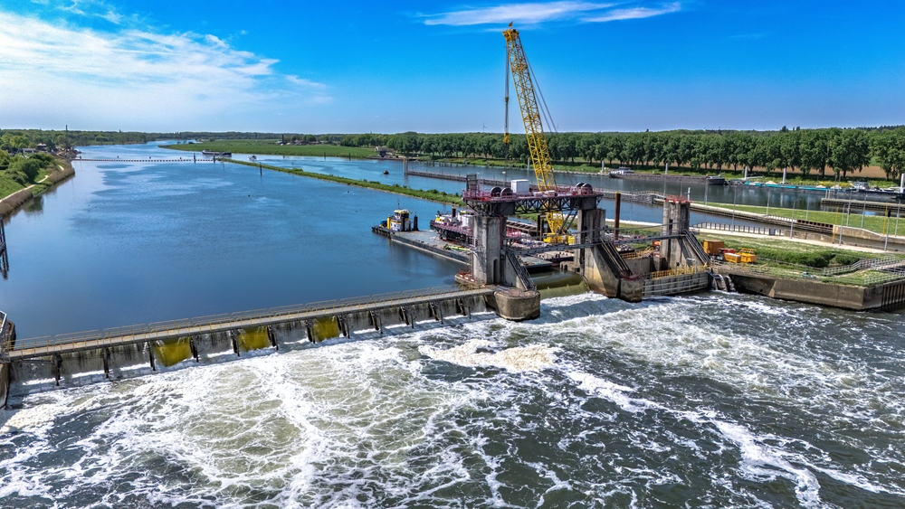 Aerial,drone,view,of,dum,weir,engineering,construction,on,river